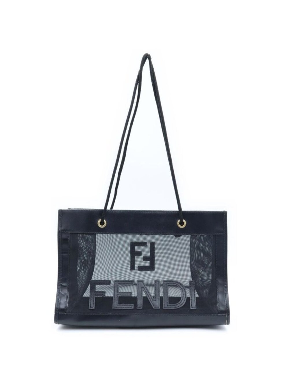 Fendi Logo Mesh Tote Bag Black Leather Gold